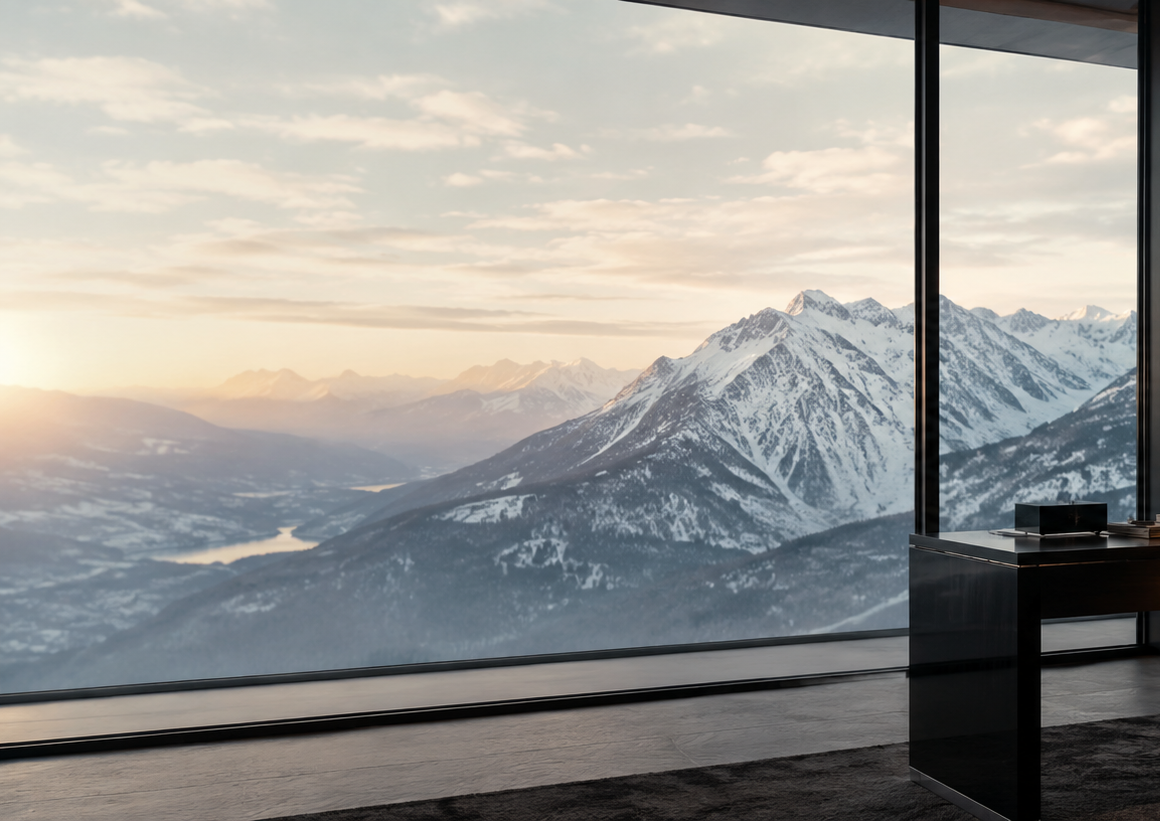 Private office at dusk overlooking snow-covered mountains