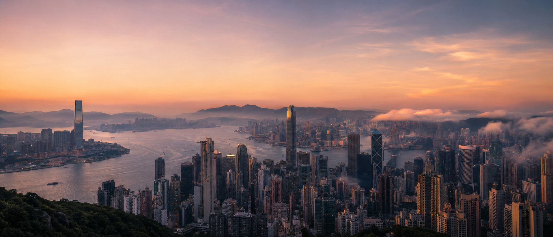 Hong Kong skyline at sunset from Victoria Peak